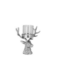 WINDLICHT Hirschkopf Aluminium H 21 cm, Glas Ø 7,5 cm - Silberfarben, Paraffin (16/10/21cm) - Hermann Bauer jun. Kollektion GmbH