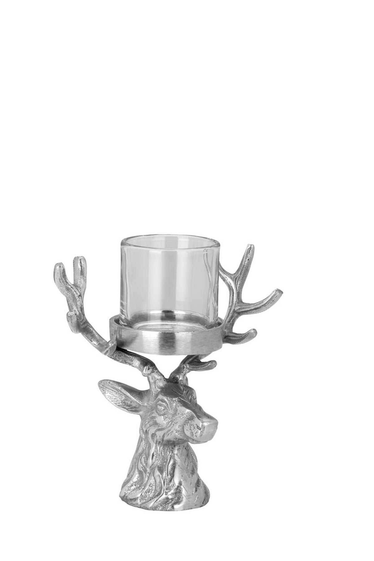 WINDLICHT Hirschkopf Aluminium H 21 cm, Glas Ø 7,5 cm - Silberfarben, Paraffin (16/10/21cm) - Hermann Bauer jun. Kollektion GmbH
