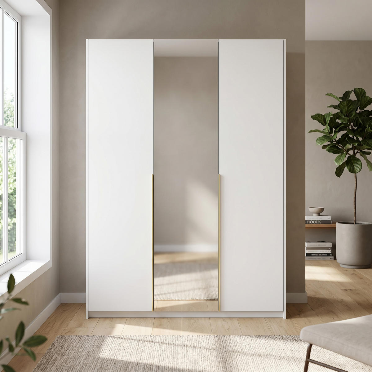 DREHTÜRENSCHRANK THALIA 148/204/58cm 3-türig mit Spiegel Weiß - Weiß, Holzwerkstoff (148/204/58cm) - MASSENO