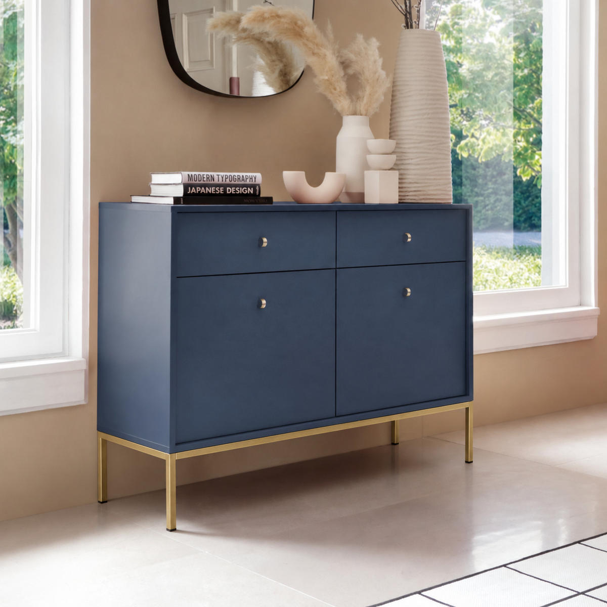 KOMMODE BARI K2D2SZ (Blau, Goldene Griffe, Goldenes Gestell, Schubladen) - Goldfarben/Dunkelblau, Holz/Holzwerkstoff (104/83/39cm) - Ravio