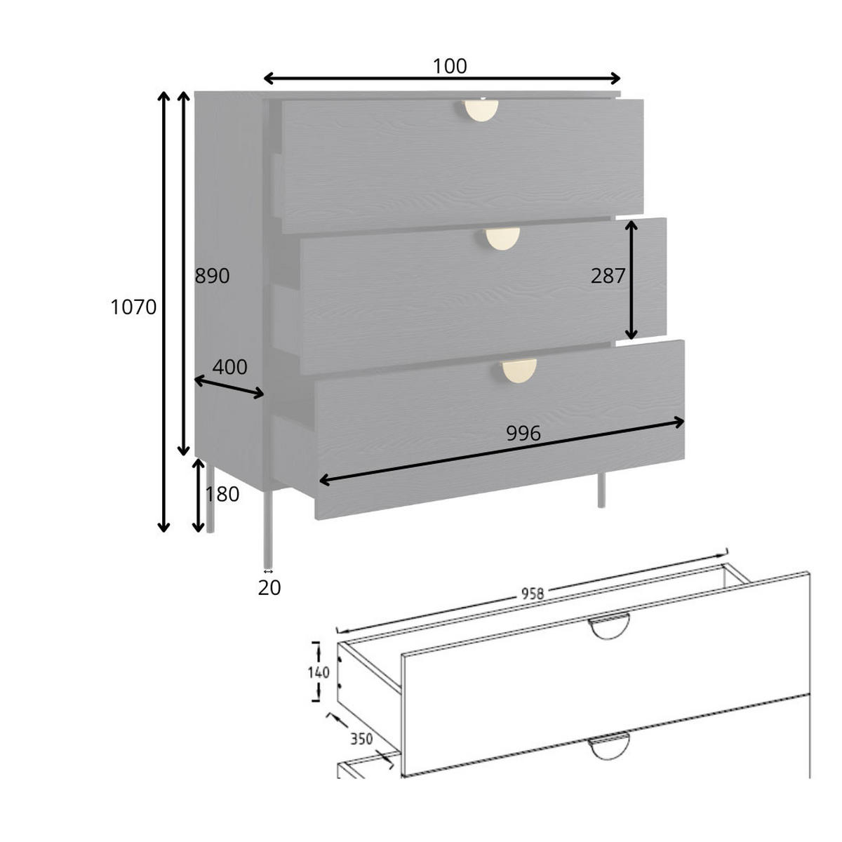 KOMMODE Mond anthrazit 100 / 40 / 107cm - Anthrazit/Goldfarben, Holz/Holzwerkstoff (100/107/40cm) - Feldmann-Wohnen