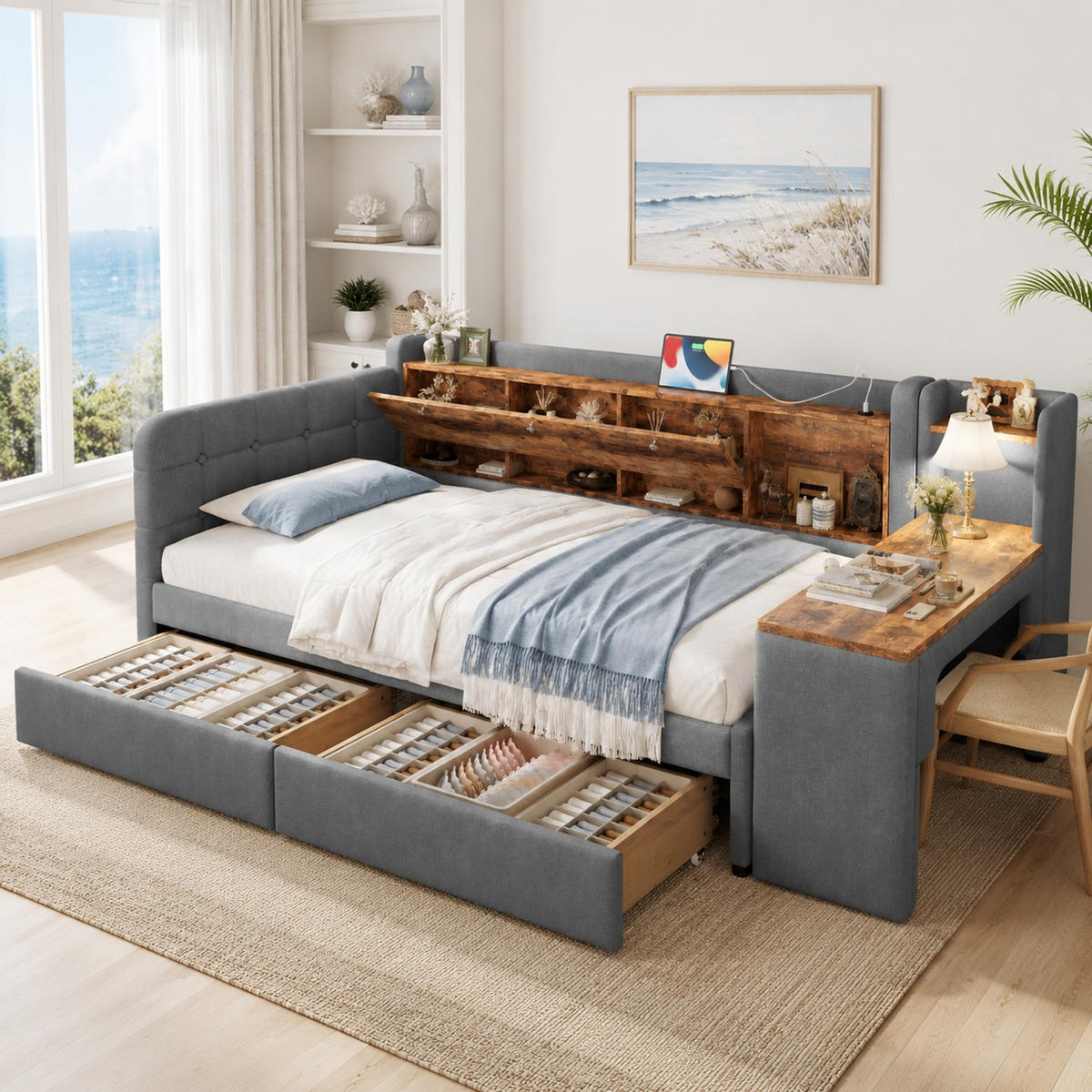 POLSTERBETT 90/200 mit Schreibtisch, 2 Schubladen, USB, Type-C und Ablagefach in Grau - Grau, Holzwerkstoff/Textil (90/200cm) - EVRYAE