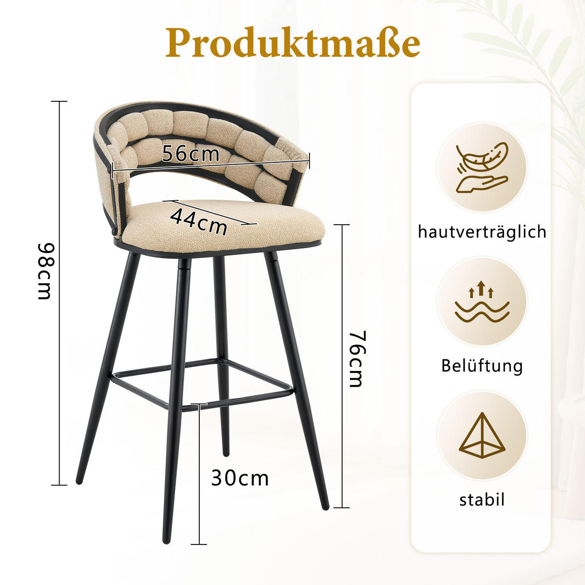 BARHOCKER 4er-Set Beige aus Samt mit Rückenlehne und Metallbeinen - Beige, Metall (56/98.5/50.5cm) - PANGIVO