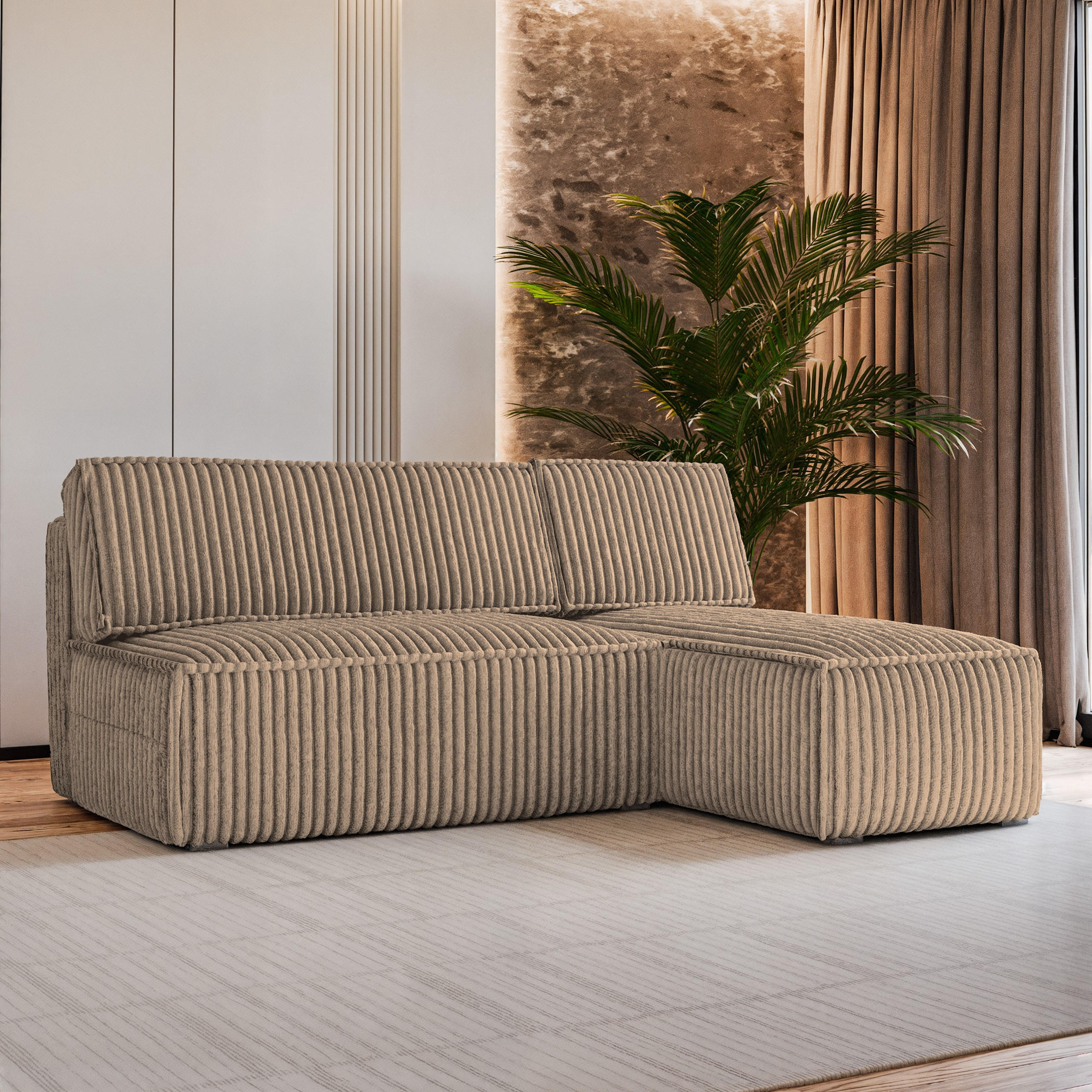 ECKSOFA BRISO T Beige Kordstoff mit Schlaffunktion - Beige, Holz (200/140cm) - MASSENO