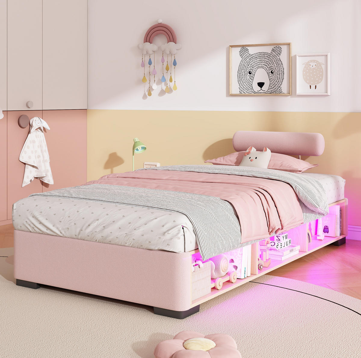 POLSTERBETT 90/200 cm Rosa mit LED und Stauraum ohne Matratze - Rosa, Textil (90/200cm) - MIVRAY