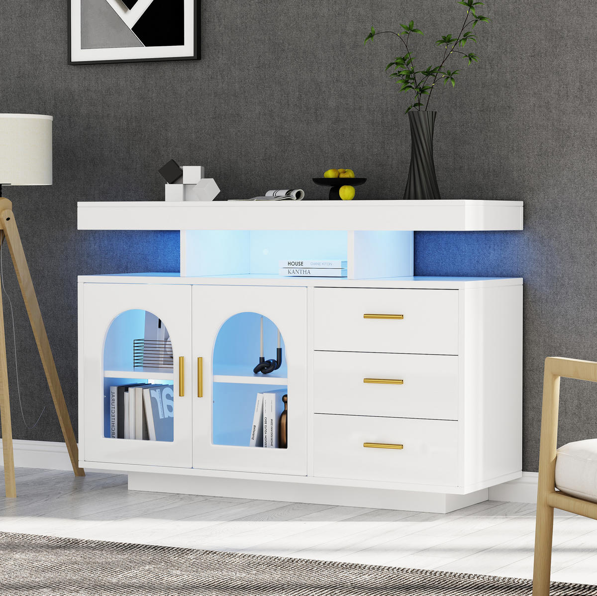 SIDEBOARD 120/40/80 cm in Weiß mit LED-Beleuchtung und Hochglanzfronten - Weiß, Holzwerkstoff (120/80/40cm) - Flora Grace