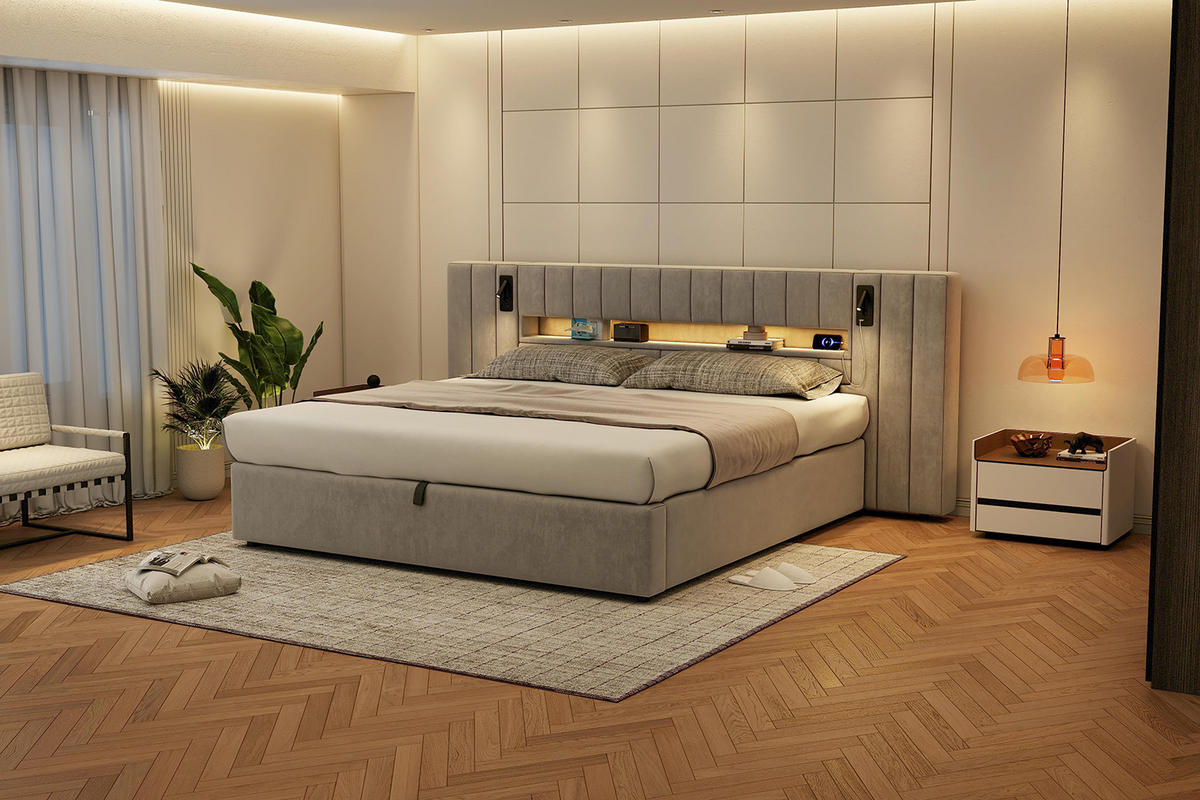 ČALOUNĚNÁ POSTEL 180/200 cm v šedé barvě se sametem, LED osvětlením, USB a úložným prostorem - šedá, kov/kompozitní dřevo (180/200cm) - CHICFURN