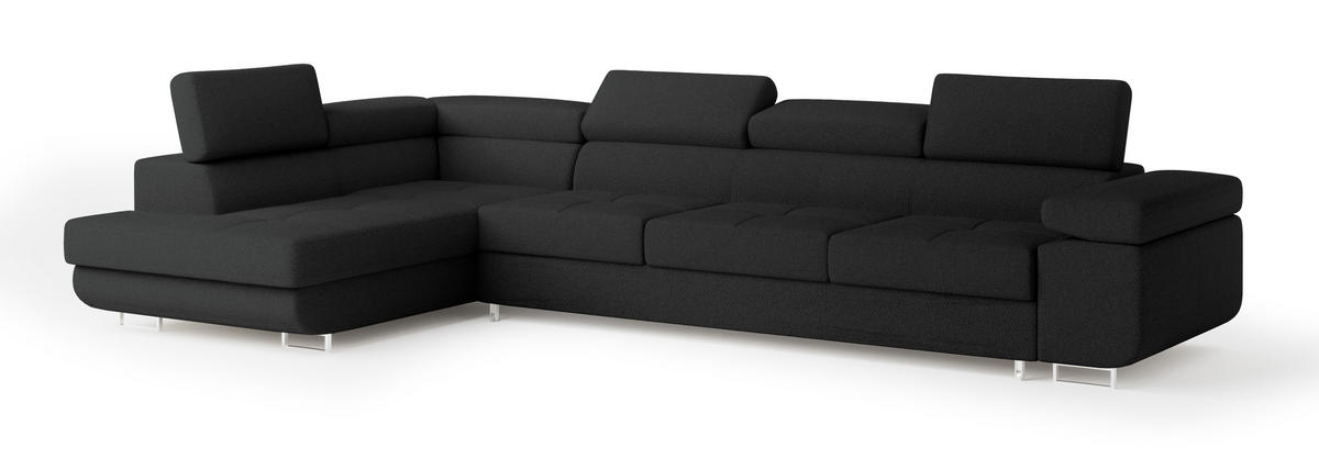 ECKSOFA VICENTE Schwarz Boucle-Stoff mit Schlaffunktion - Schwarz, Holz (346/202cm) - MASSENO