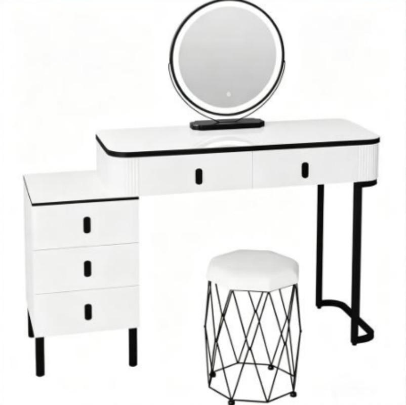 SCHMINKTISCH mit verstellbarem runden LED-Spiegel / 5 Schubladen / gepolstertem Hocker - Schwarz, Glas (125/100/40cm) - Vallsero