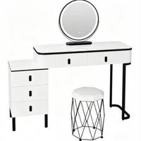 SCHMINKTISCH mit verstellbarem runden LED-Spiegel / 5 Schubladen / gepolstertem Hocker - Schwarz, Glas (125/100/40cm) - Vallsero