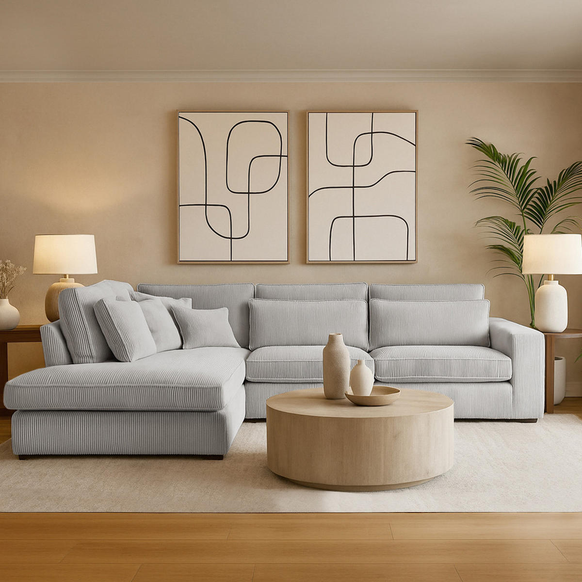 ECKSOFA Parma ohne Schlaffunktion, Cord-Stoff, Graubeige, Links - Hellgrau/Schwarz, Textil (314/224cm) - Beautysofa