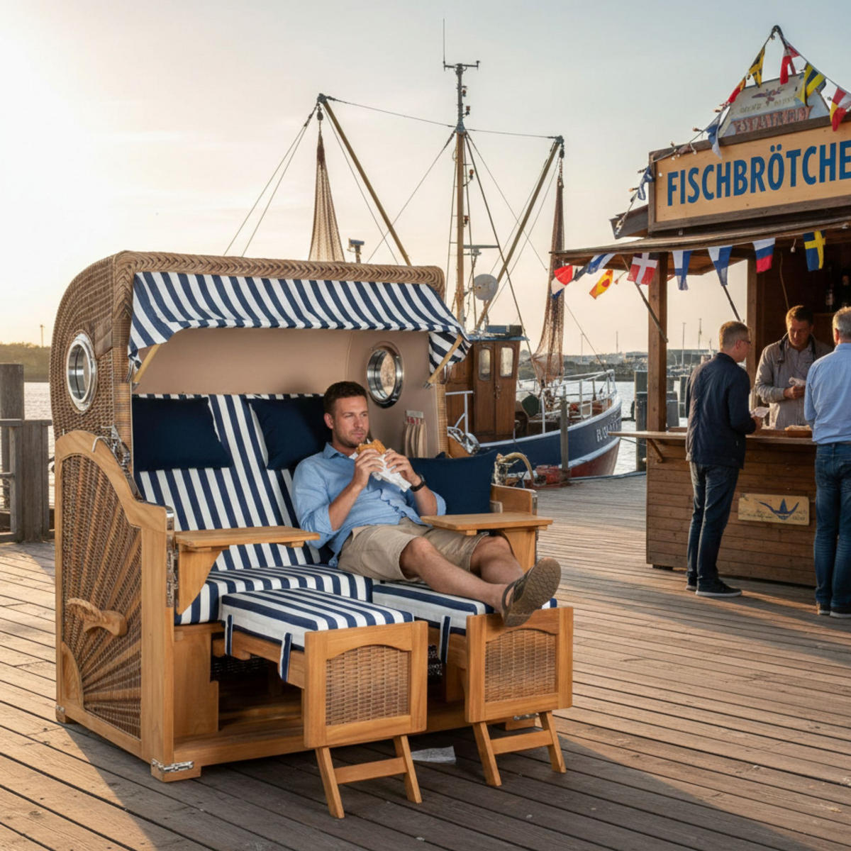 STRANDKORB XXL Düne Grande Teak Banana - Blau/Braun, Metall (142/170/95cm) - Mr. Deko