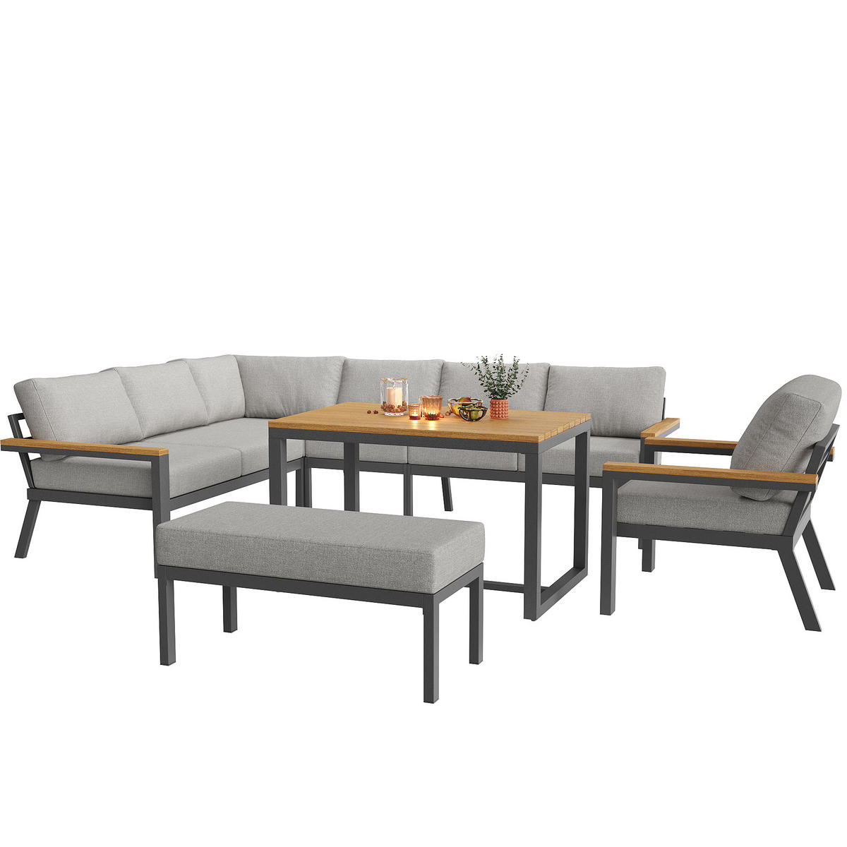 GARTENSET L-Form 8 Personen Grau Mit Holztisch & Sessel - Grau, Metall - FLIEKS