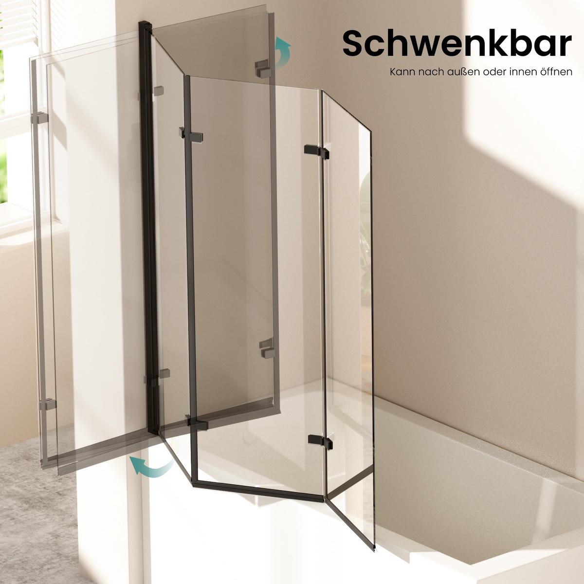 DUSCHWAND für Badewannen Faltbar mit Schwenkfunktion Schwarz 140/120 cm - Schwarz, Glas (120/140cm) - EMKE