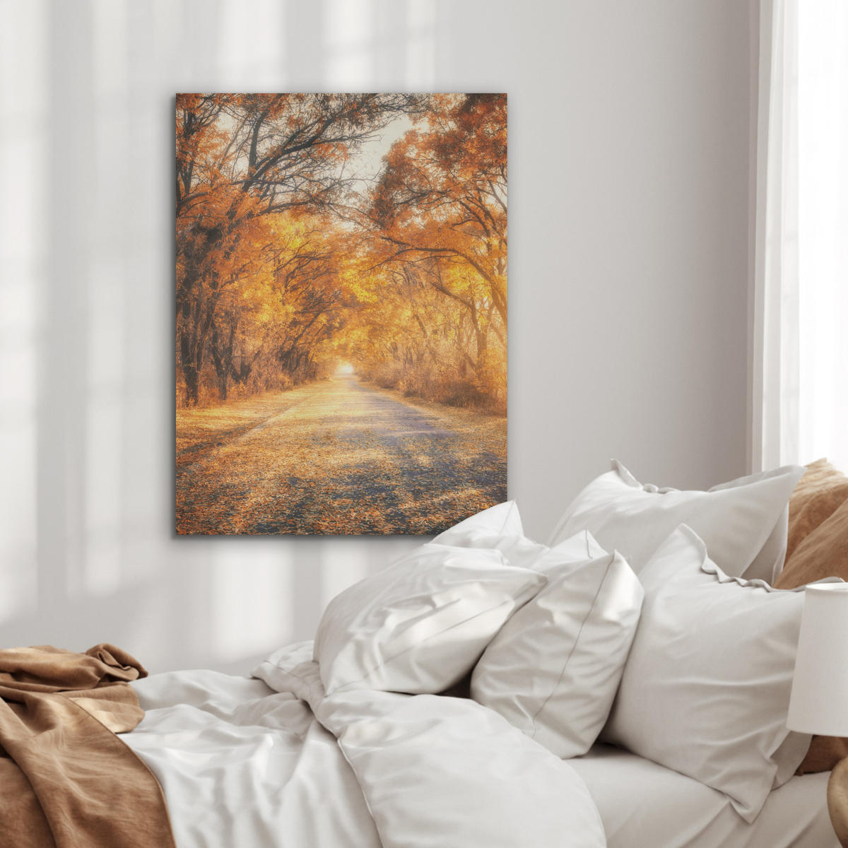 AKUSTIKPANEEL Wald - Herbst - Bäume - Waldweg - Natur 60x80 cm - Bernsteinfarben, Textil (60/0.9/80cm) - MuchoWow