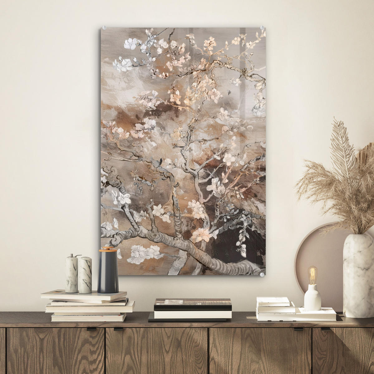 ACRYLGLASBILD Mandelblüte - Kunst - Van Gogh - Beige - Abstrakt 40x60 cm - Braun, Glas (40/60cm) - MuchoWow