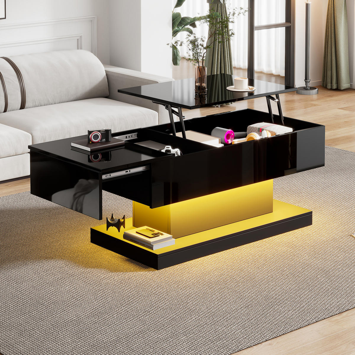 COUCHTISCH aus Spanplatte 100x50x45 cm Schwarz mit Hochglanz, LED-Beleuchtung, hydraulischem Lift und Stauraum - Schwarz, Holzwerkstoff (100/50/45cm) - Modfu