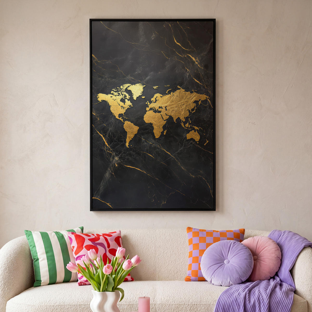 LEINWAND Bilder mit Rahmen - Weltkarte - Gold - Marmor - 90x140 - Goldfarben, Textil (90/140cm) - MuchoWow