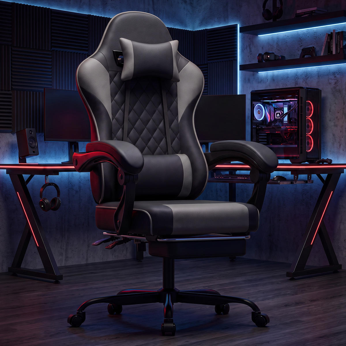 GAMINGSTUHL DE-40998 mit Lordosenstütze und Fußstütze Schwarz/Grau - Grau, Metall (58.5/120.5/63cm) - ComfortXL