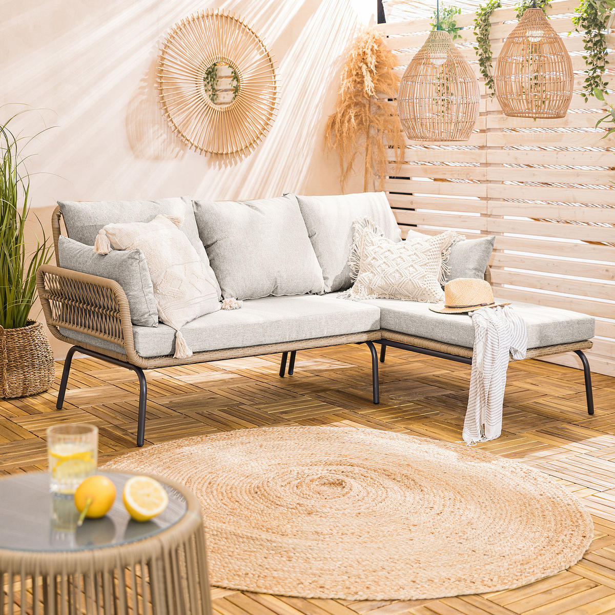 LOUNGESET - Polyrattan / Polyester - Beige / Grau - 3-teilig - Beige, Glas/Kunststoff - home24
