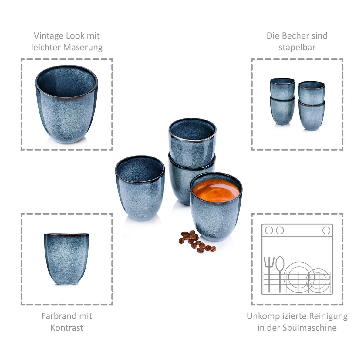 KAFFEEBECHER SET DARWIN - 4 teilig aus Steingut (180 ml) - Blau, Stein (0.18L) - Sänger