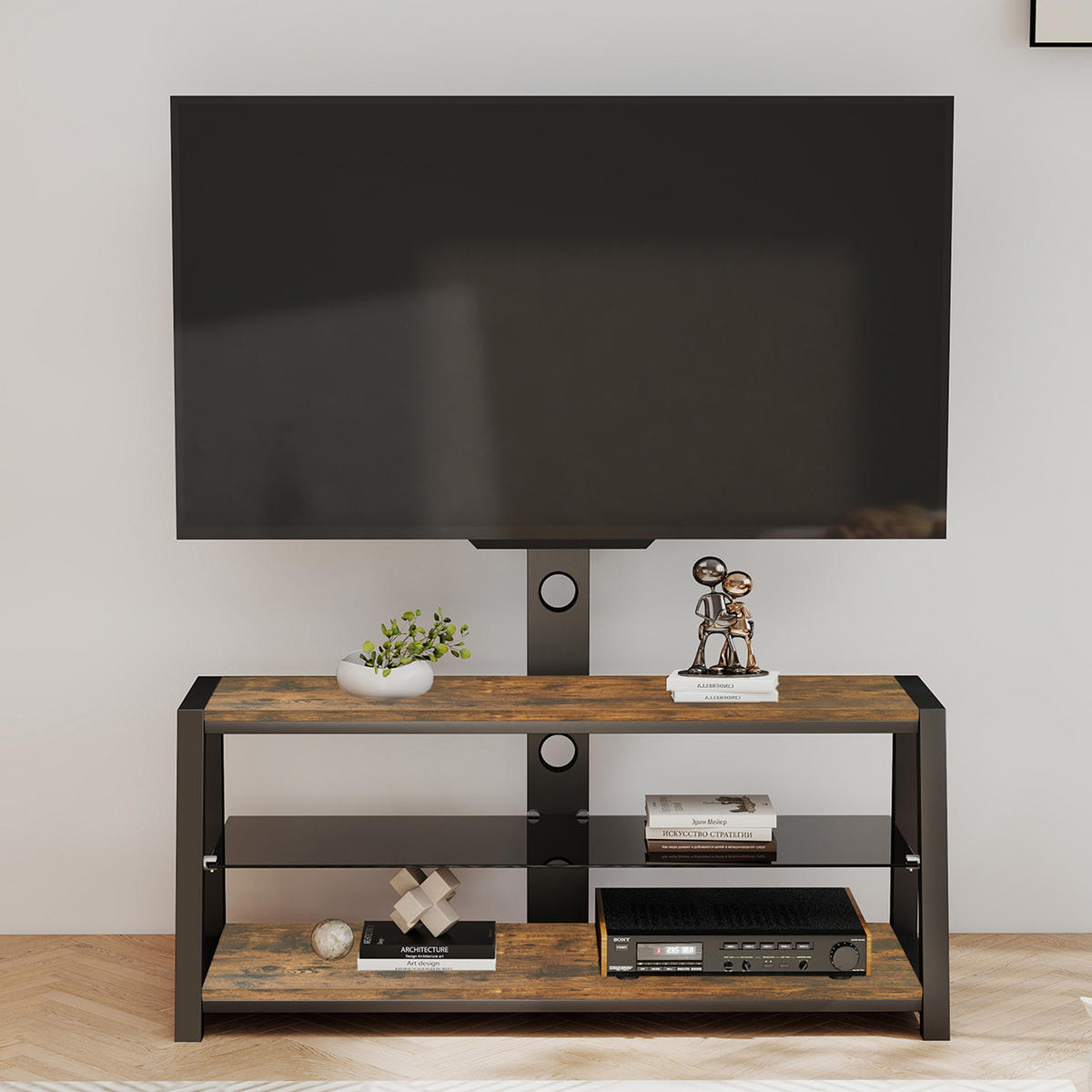 LOWBOARD in Braun TV-Schrank aus Holz mit schwarzem Hartglas für Wohnzimmer, B116/T42/H125cm - Schwarz/Braun, Glas/Holzwerkstoff (116/125/42cm) - STILVORA