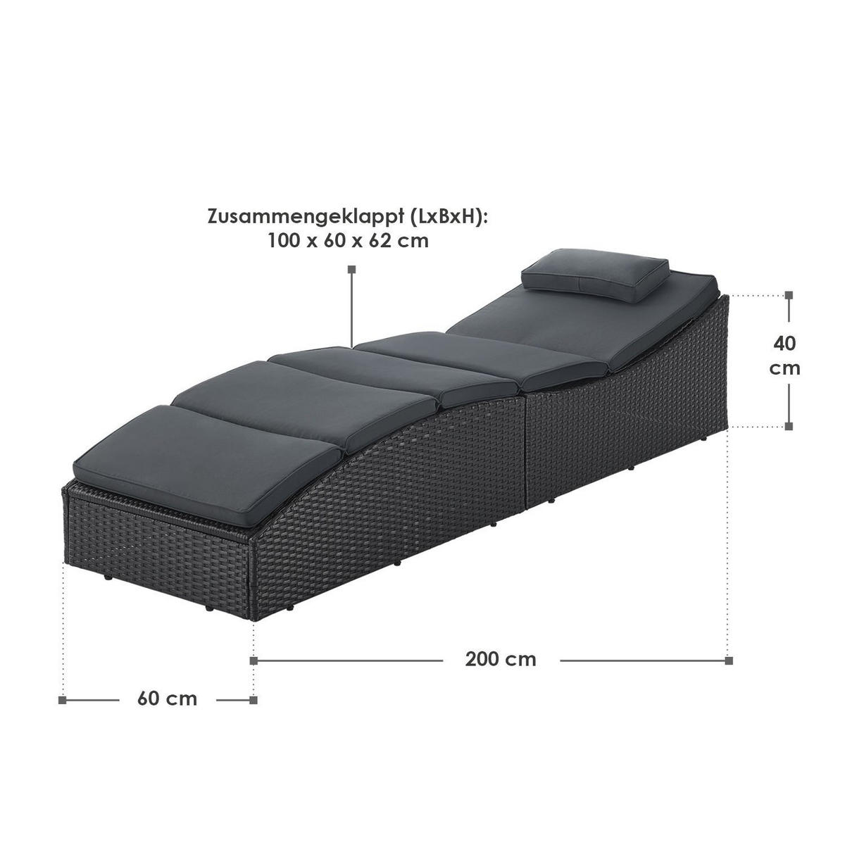 SONNENLIEGE Lamia schwarz faltbar - Schwarz, Kunststoff (60/40/200cm) - Juskys