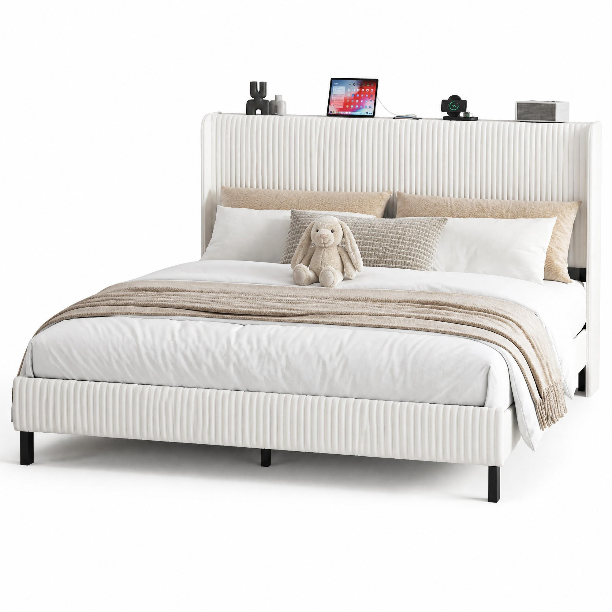 RAHMENBETT 180/200 cm in Beige & Cream mit Flügelkopfteil, 13 Metalllatten, 9 Metallbeinen und Cord - Beige/Schwarz, Textil/Metall (180/200cm) - STILVORA