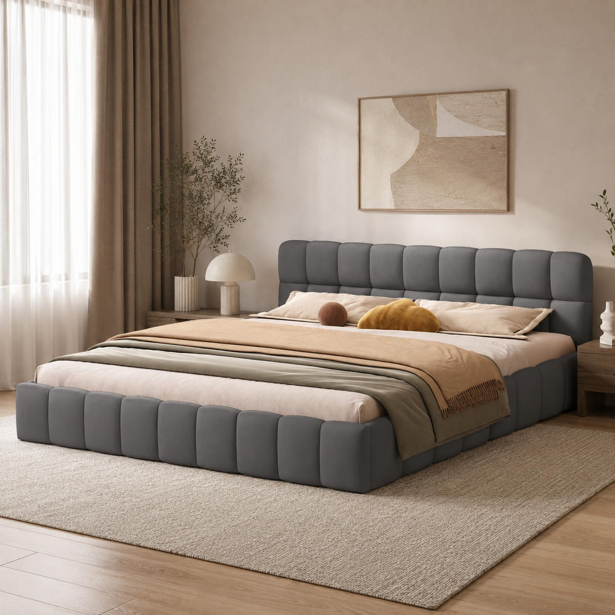 POLSTERBETT 160/200 cm in Grau, Puff Stoffbett mit voll gepolstertem Rahmen, modernes Schlafzimmer Bettgestell - Grau, Holz/Metall (160/200cm) - Joyfair