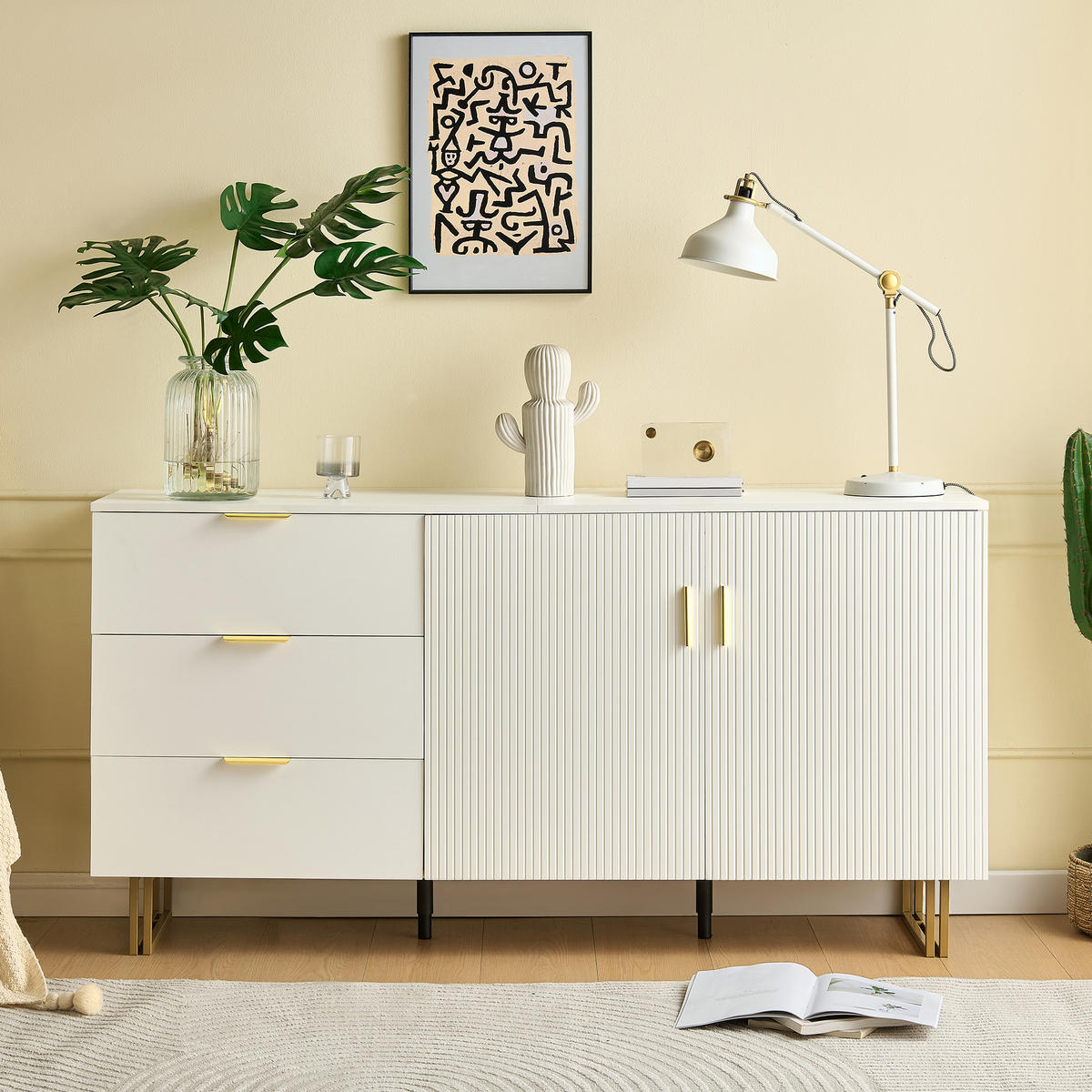 SIDEBOARD 160cm 2 Türen 3 Schubladen Gold Stahl modern - Weiß, Holzwerkstoff (40/81.5/160cm) - FLIEKS