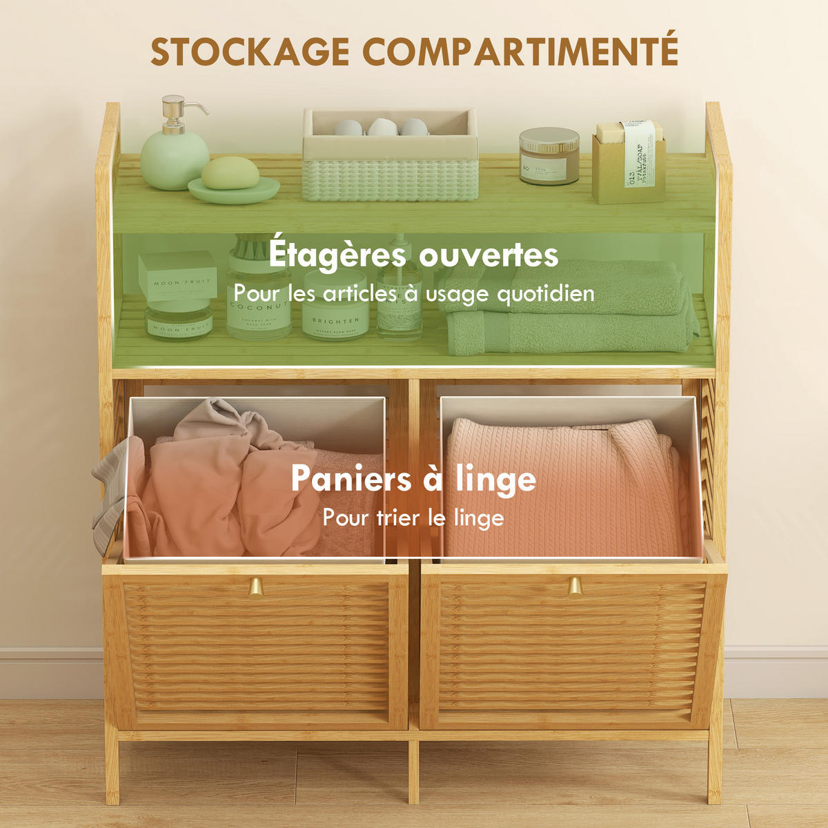BADMÖBEL DE-17346 2 Wäschekörbe & 2 Regale Natur - Naturfarben, Naturmaterialien (82/88/33cm) - ComfortXL