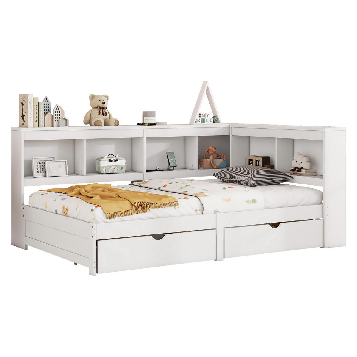 TAGEBETT 90x200cm Weiß Spanplatte 2 Schubladen Steckdose USB - Weiß, Holz (90/200cm) - FLIEKS