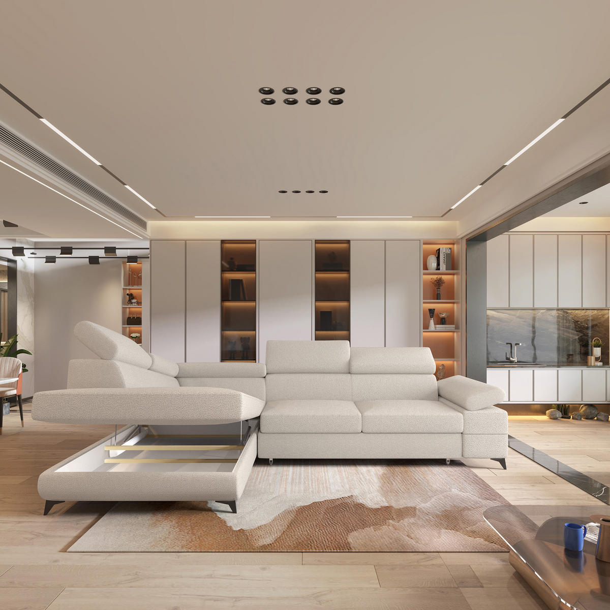 ECKSOFA FAVIEN L-S Creme Boucle-Stoff mit Schlaffunktion - Creme, Holz (257/190cm) - MASSENO