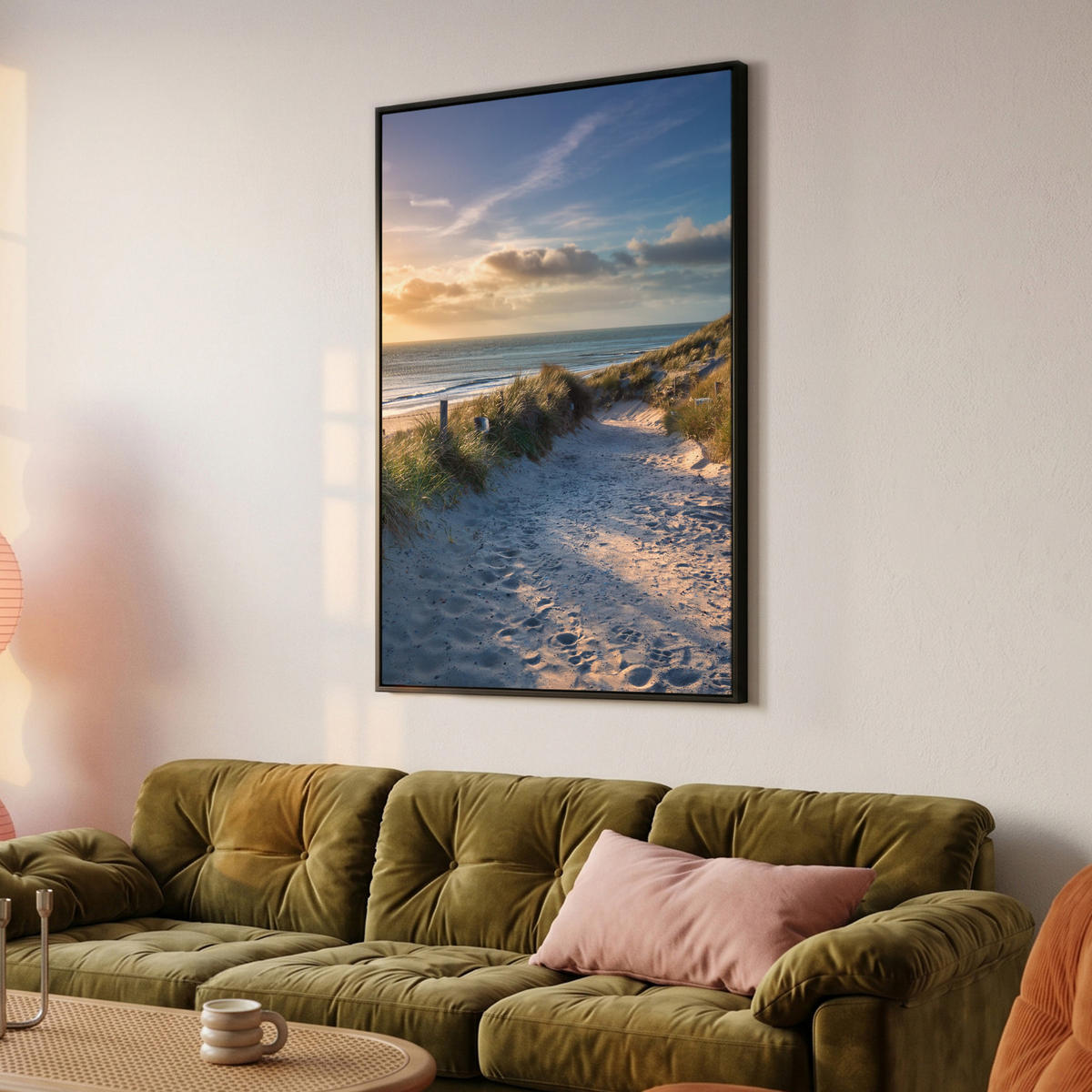 LEINWAND Bilder mit Rahmen - Sonnenuntergang - Strand - Düne - Gras - Ufer - 80x120 - Sandfarben, Textil (80/120cm) - MuchoWow