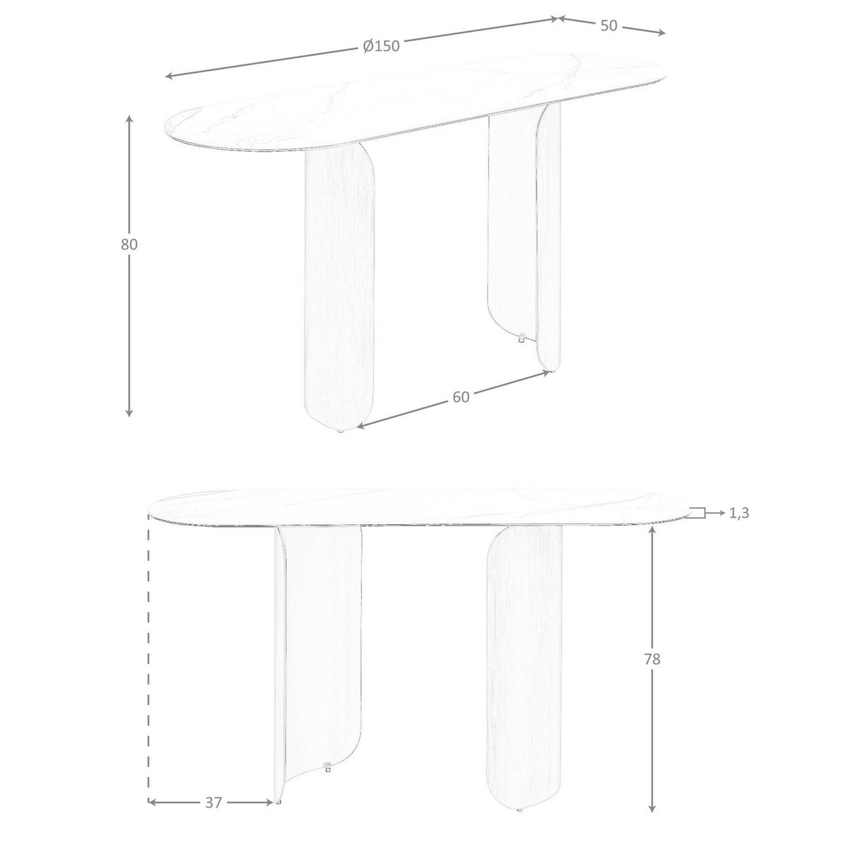 KONSOLENTISCH Ovale Konsole mit halbrundem Profil aus Feinsteinzeug und bronzefarbenem Stahl Ø150/50/80 cm - Messingfarben/Weiß, Keramik/Stein (150/80/50cm) - ANGEL CERDA