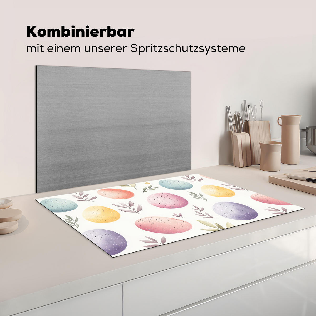 HERDABDECKPLATTE Eier - Bunt - Muster Induktionsmatte 81x52 cm - Weiß, Kunststoff (81/52/0.2cm) - MuchoWow