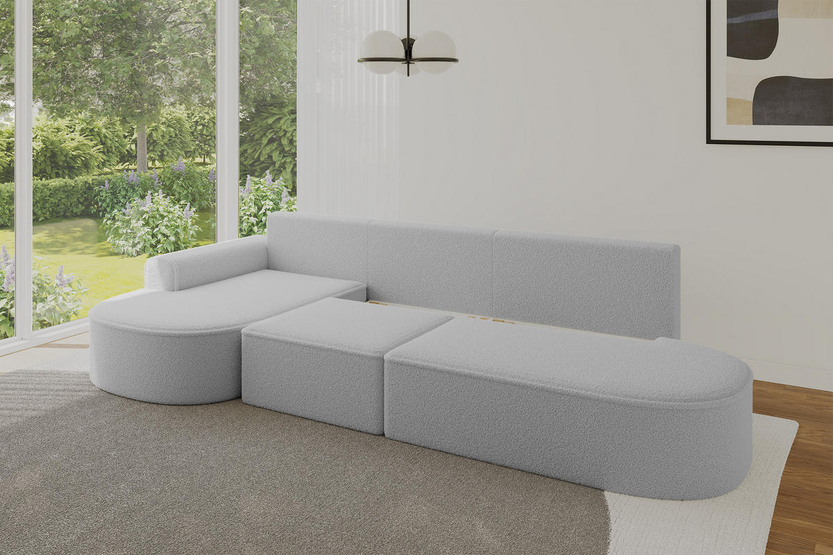 ECKSOFA mit Schlaffunktion Ottomane Links MARI L2-S 368X167X85 Hellgrau Bouclé - Hellgrau/Schwarz, Holzwerkstoff/Kunststoff (368/167cm) - ALTDECOR