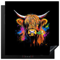 HERDABDECKPLATTE Schottischer Highlander - Graffiti - Bunt - Blume - Tiere Induktionsmatte 78x78 cm - Multicolor, Kunststoff (78/78/0.2cm) - MuchoWow