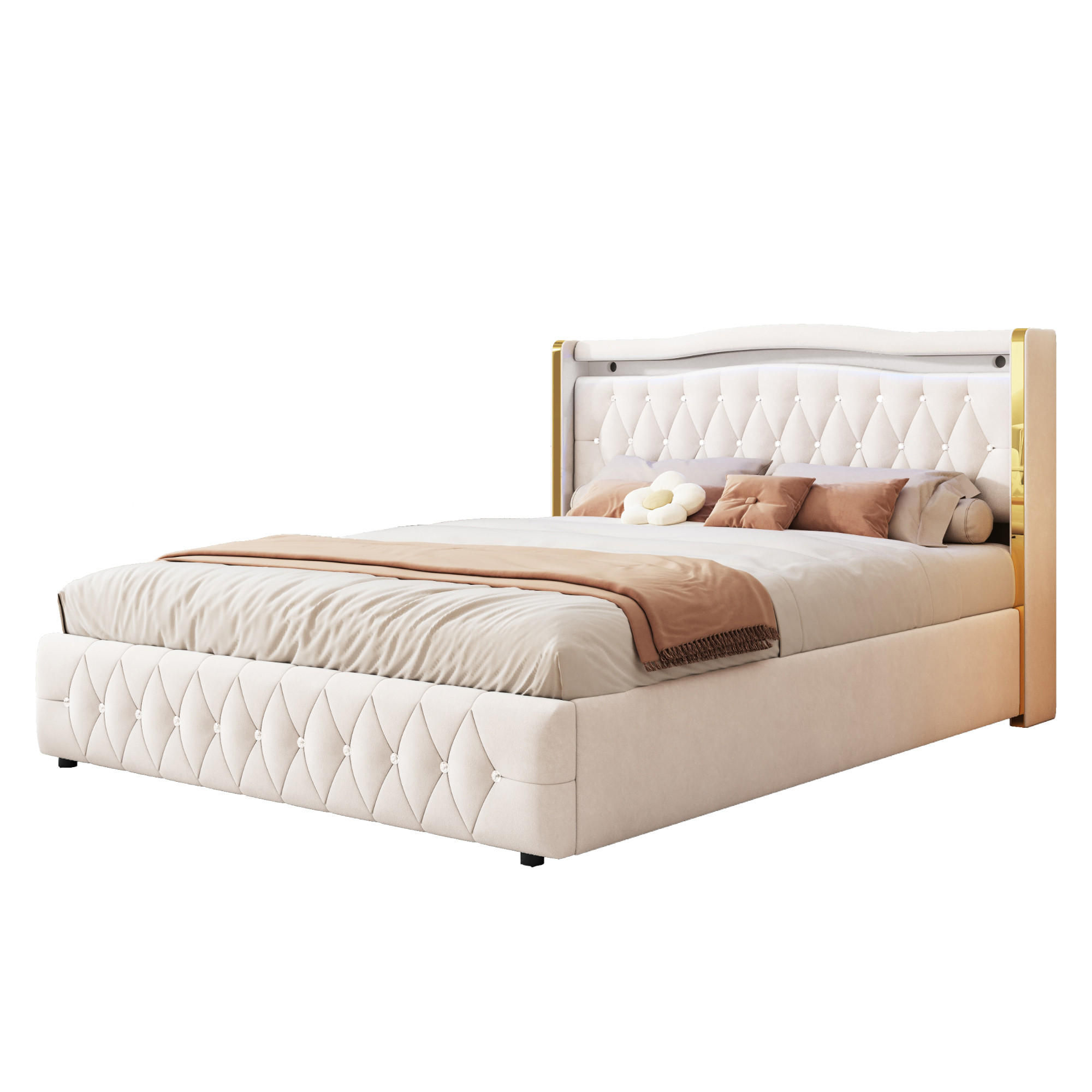 POLSTERBETT 160/200 cm beige mit LED-Beleuchtung und hydraulischem Stauraum - Beige, Textil (160/200cm) - OKWISH