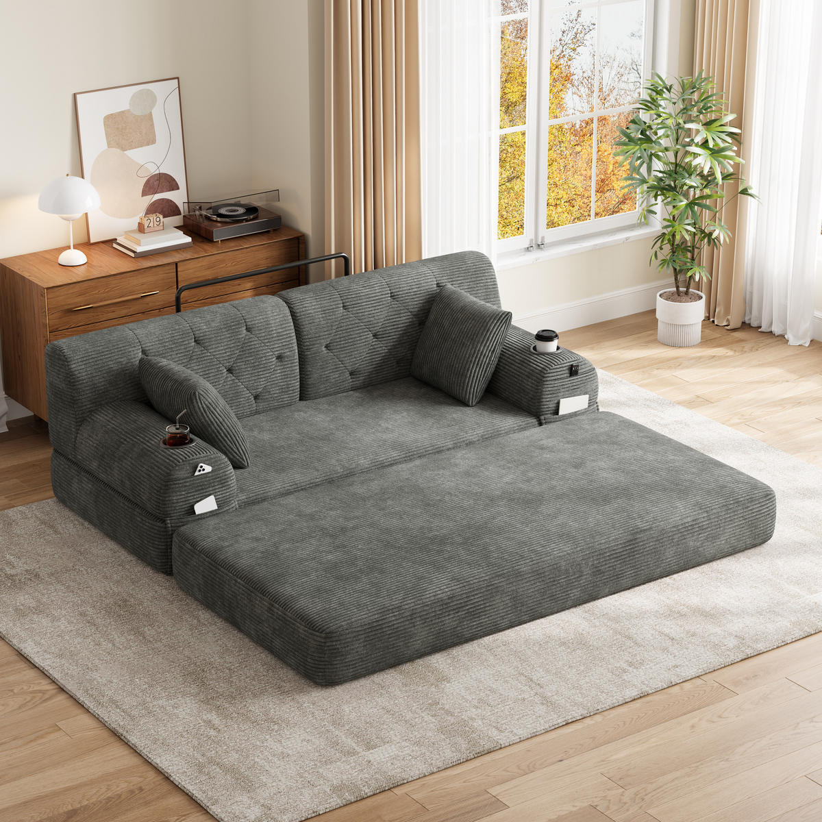 2-SITZER-SOFA – Cord, Metallrahmen, Becherhalter, kompakt, Beige - Dunkelgrau, Textil (80/81/168cm) - KOMHTOM