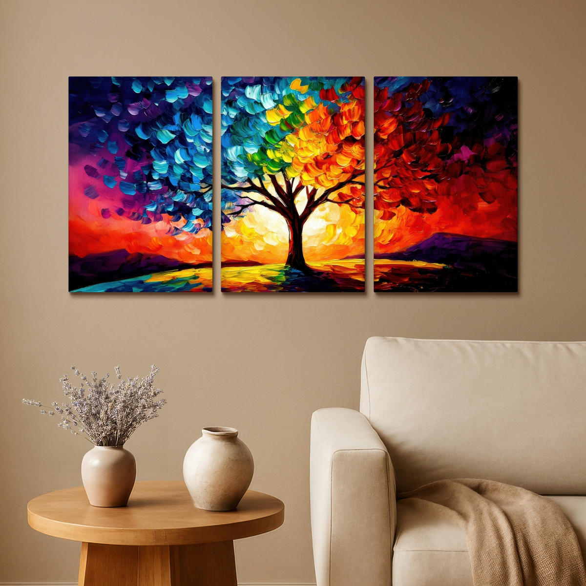LEINWANDBILD 3er Set Baum - Farbenfroh - Malerei-Look - Abstrakt 120x60 cm - Multicolor, Textil (120/60cm) - MuchoWow
