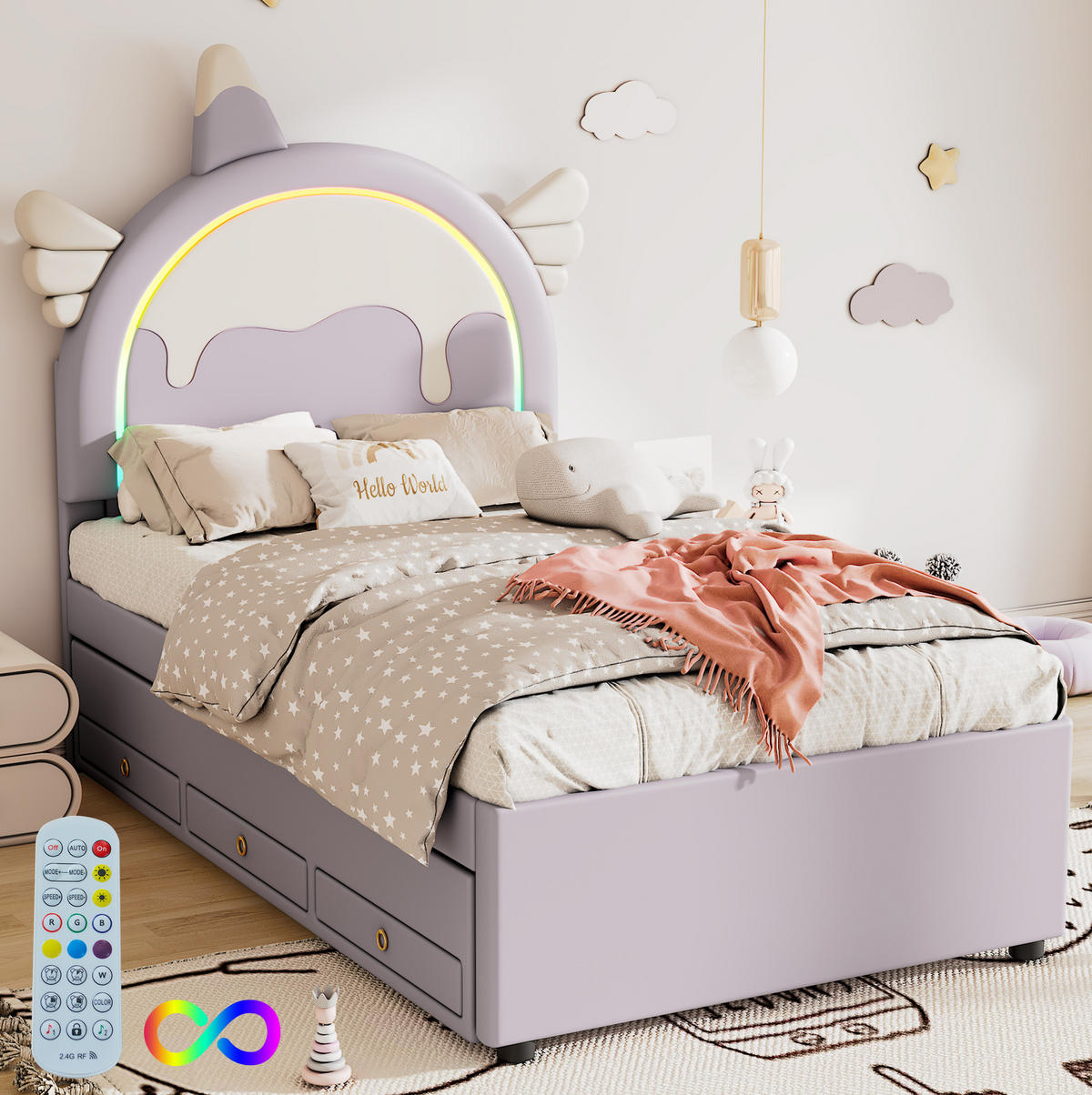 KINDERBETT 90/200 cm mit ausziehbarem Rollbett und Schubladen, Einhorn-Design aus PU, Violett - Violett, Kunststoff (90/200cm) - Redom