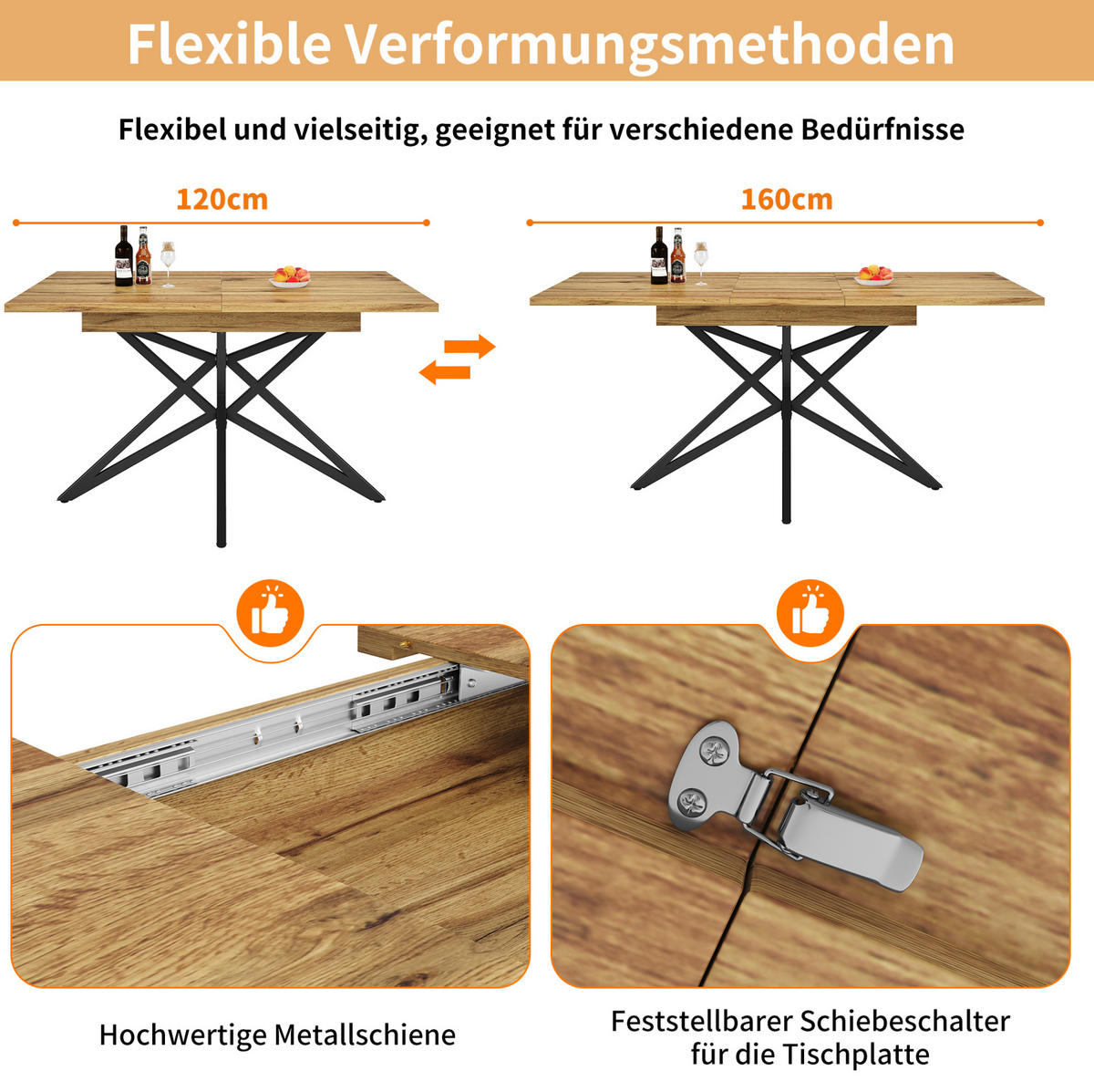 ESSTISCH 120/160/80 cm in Walnussfarben ausziehbar mit sternförmigem Metallgestell - Braun, Holzwerkstoff (120/80/66.1cm) - Flora Grace