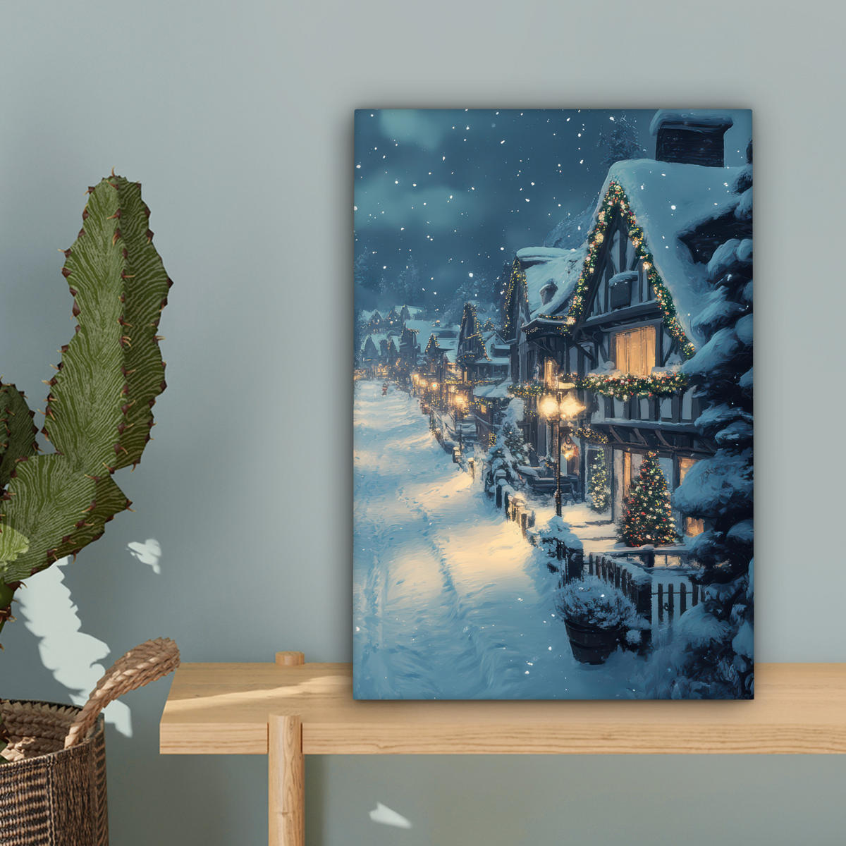 LEINWANDBILD Weihnachtsdorf - Weihnachten - Schnee - Winter 20x30 cm - Dunkelblau, Textil (20/30cm) - MuchoWow