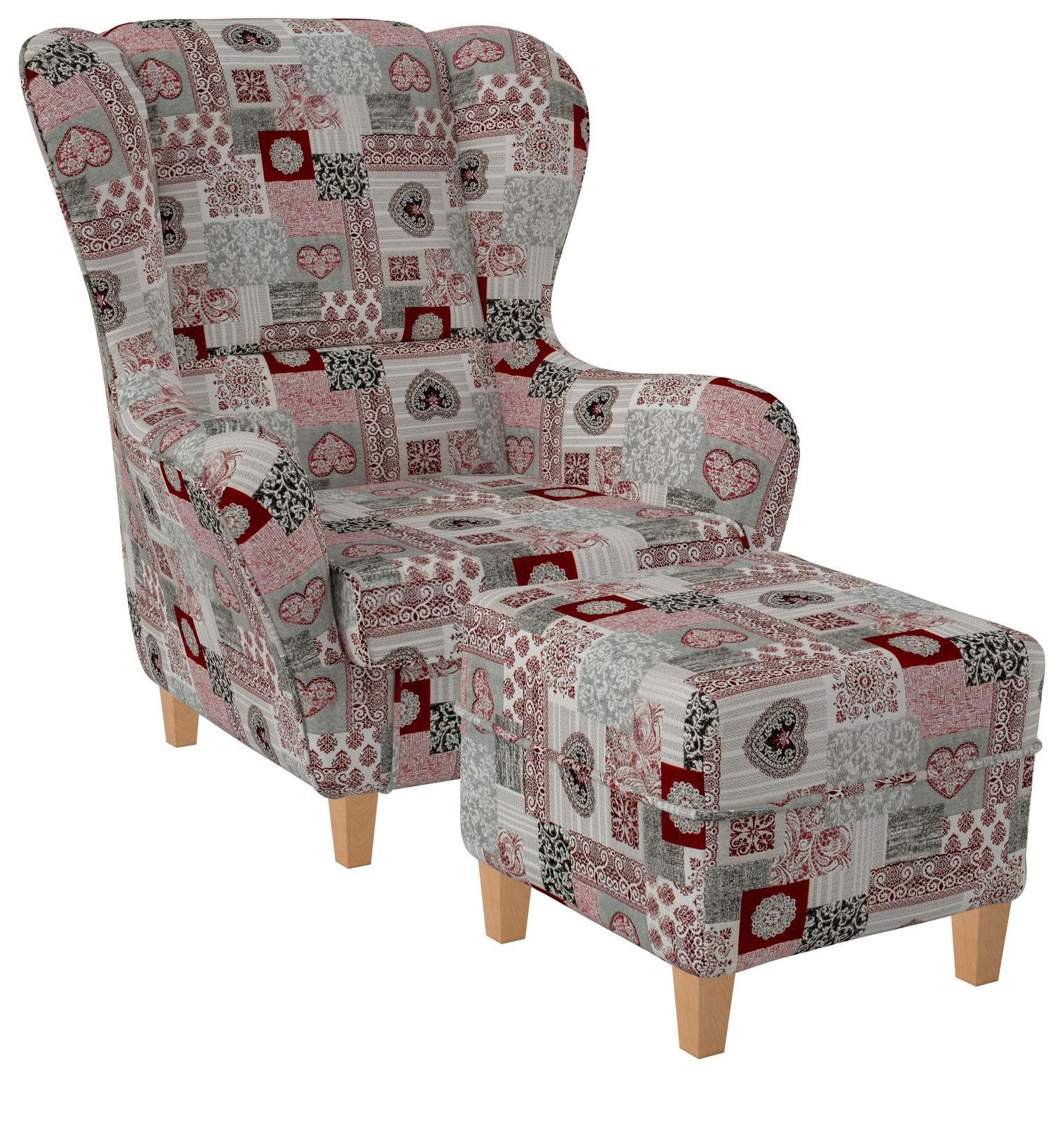 OHRENSESSEL Sofia Relaxsessel mit Hocker | Patchwork Ornamente, Herz Rot - Weinrot/Grau, Textil (92/68/95cm) - Supellex