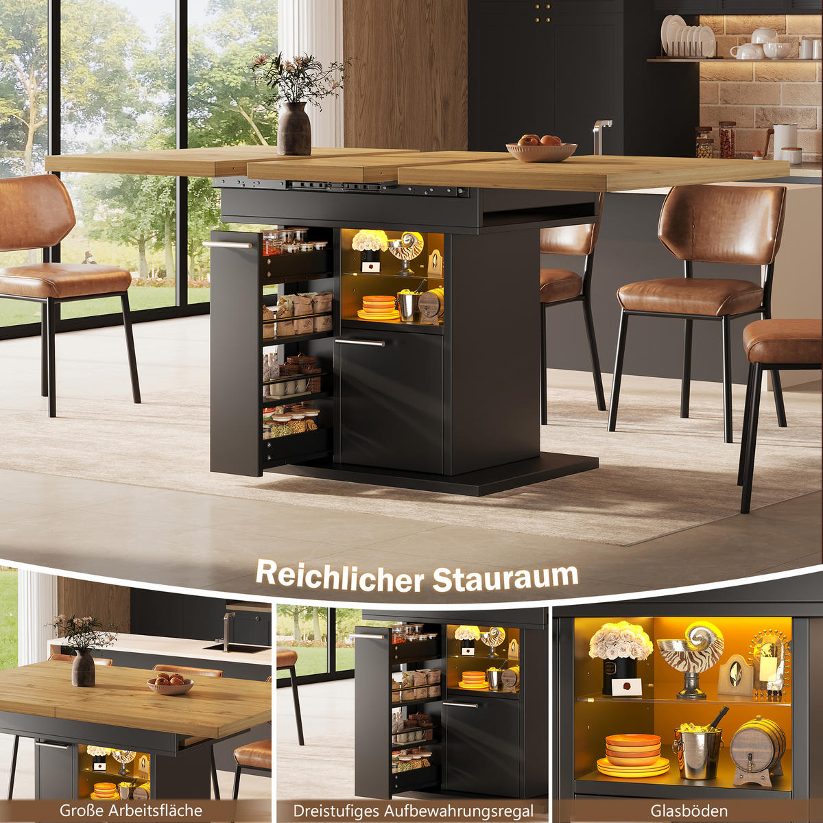 ESSTISCH Ausziehbar Stauraum LED Glasablagen Modern 4 6 Personen - Schwarz, Holzwerkstoff (80/140/77.2cm) - FLIEKS
