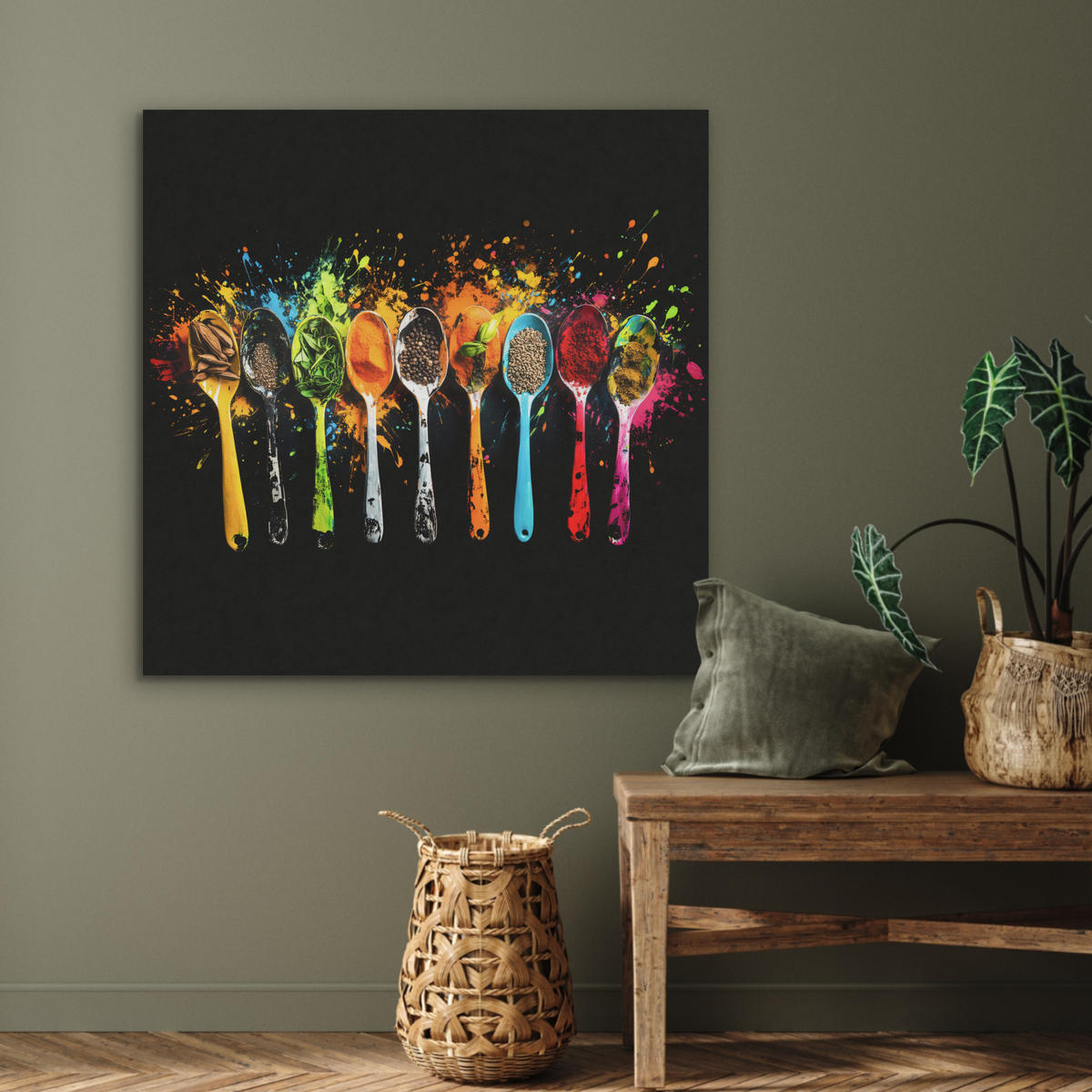 AKUSTIKBILD Löffel - Gewürze - Modern - Graffiti - Farbe - Farbenfroh Akustikpaneele 90x90 cm - Multicolor, Textil (90/90/0.9cm) - MuchoWow