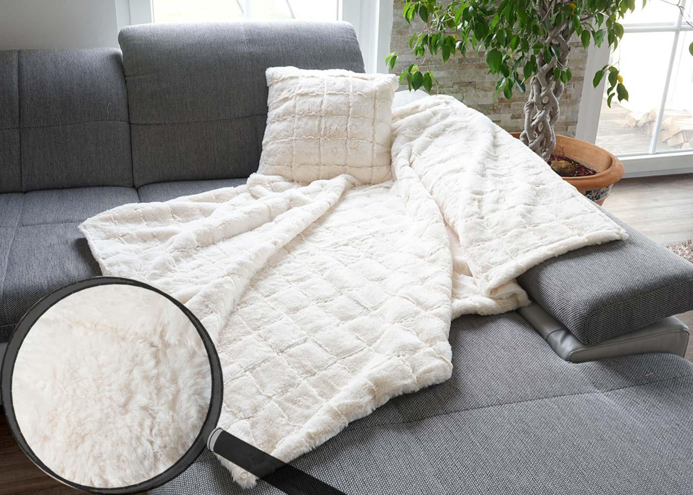 WOHNDECKE + KISSEN KARO 2-tlg. Weiß - Weiß, Textil (150/120cm) - MCW