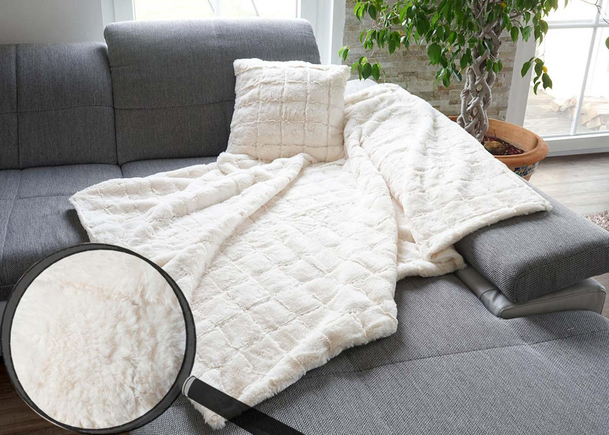 WOHNDECKE + KISSEN KARO 2-tlg. Weiß - Weiß, Textil (150/120cm) - MCW