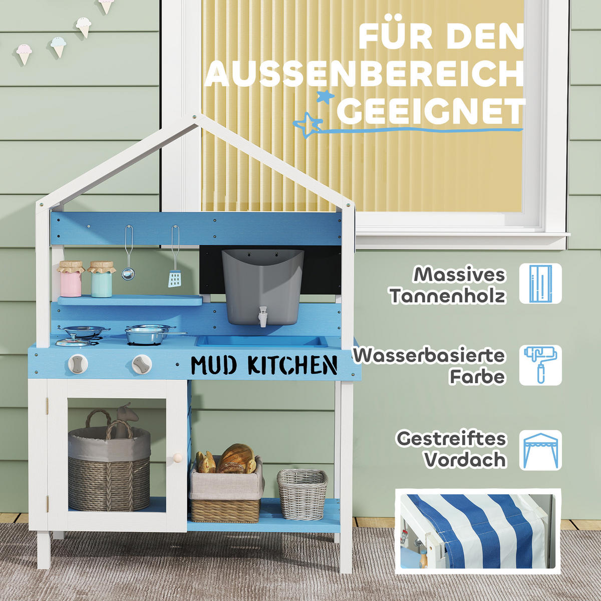 MATSCHKÜCHE Kinder Outdoor Gartenspielküche mit Herd, Spüle, Zubehör Blau - Blau, Holz (80/36.5/112cm) - AIYAPLAY